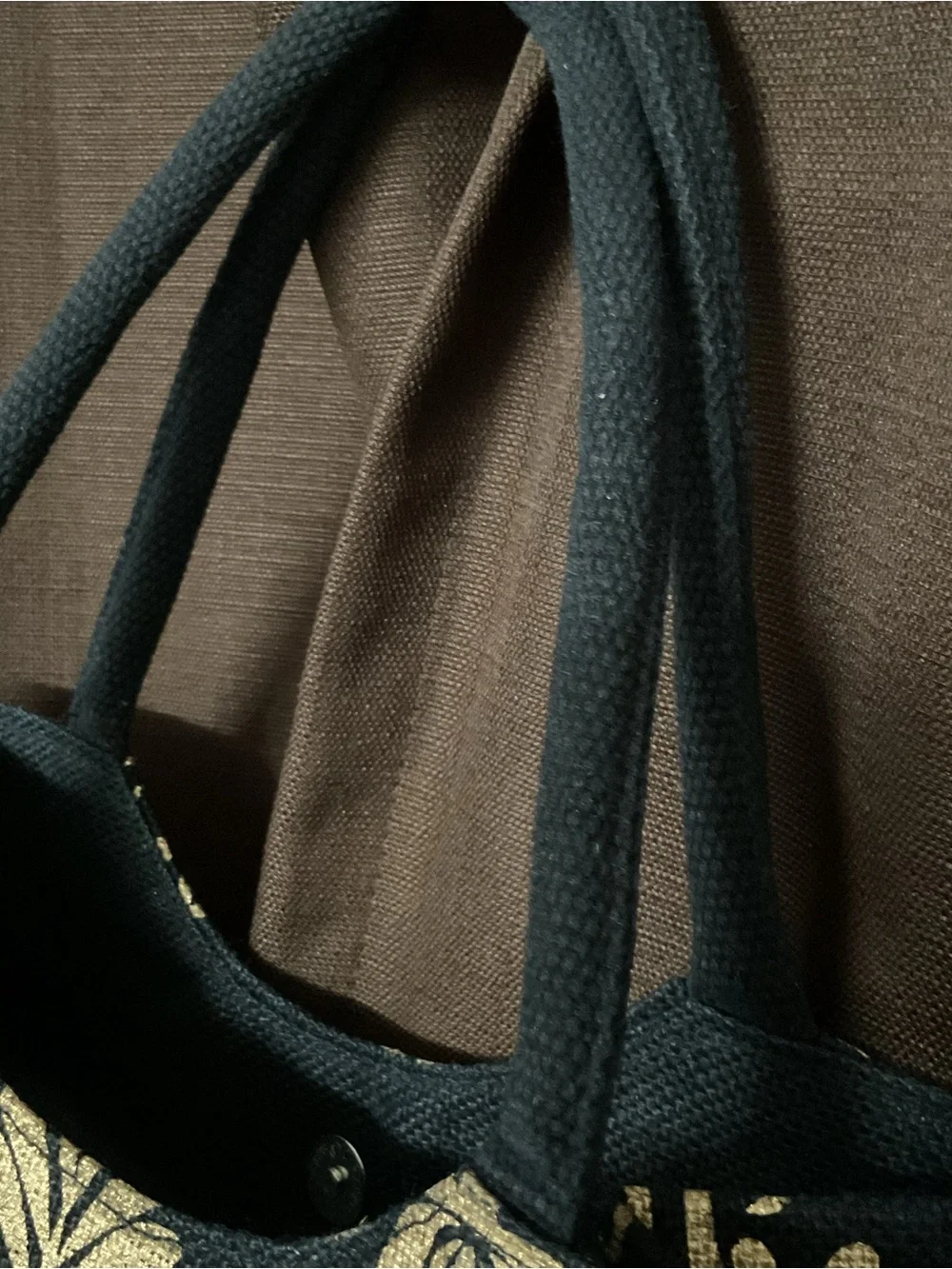 Black Burlap Gold Stamped Tote with woven Rope handles, New without tag.